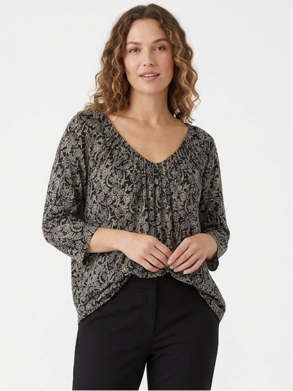 Lucky Brand black white floral v neck blouse Large NWT - Picture 1 of 8